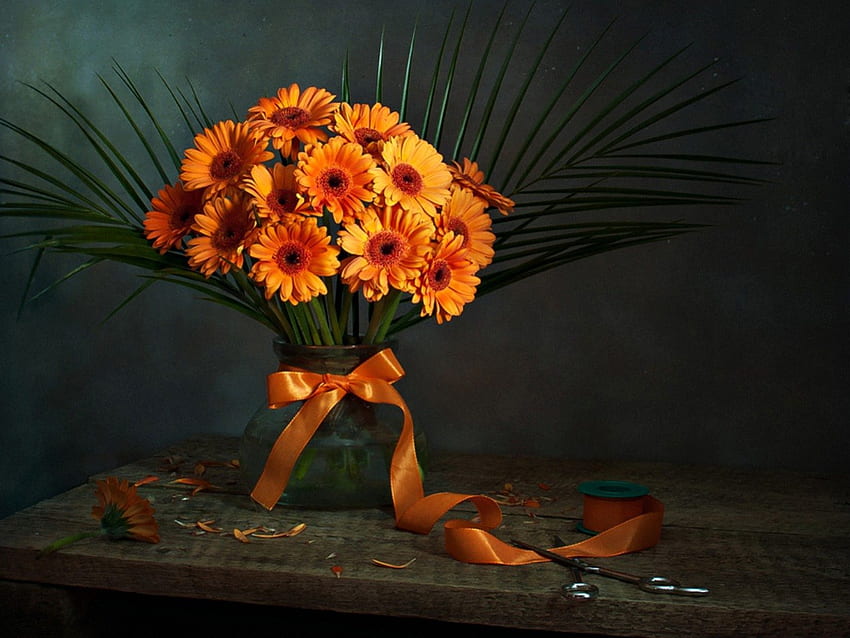 Orange Bouquet, buquê, casamento, pétalas, fita, natureza, flores, gerbera, arco papel de parede HD