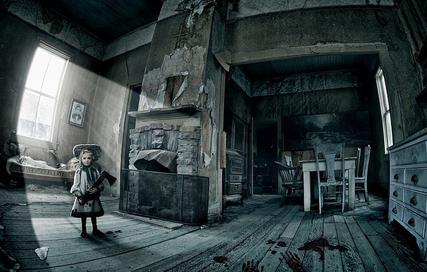 krew, lalka, horror, topór, stary opuszczony dom Tapeta HD