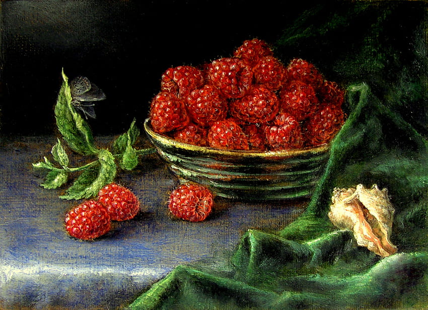 Erfrischendes Obst, Zinnschale, Gemälde, Tischplatte, schwarzer Schmetterling, grüner Stoff, Himbeeren, Muschel HD-Hintergrundbild