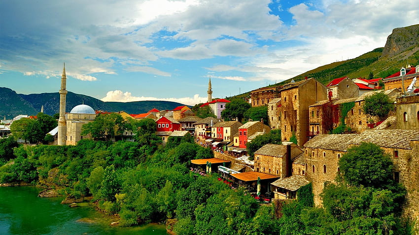 Bosnia and Herzegovina, Mostar, town, river, trees HD wallpaper