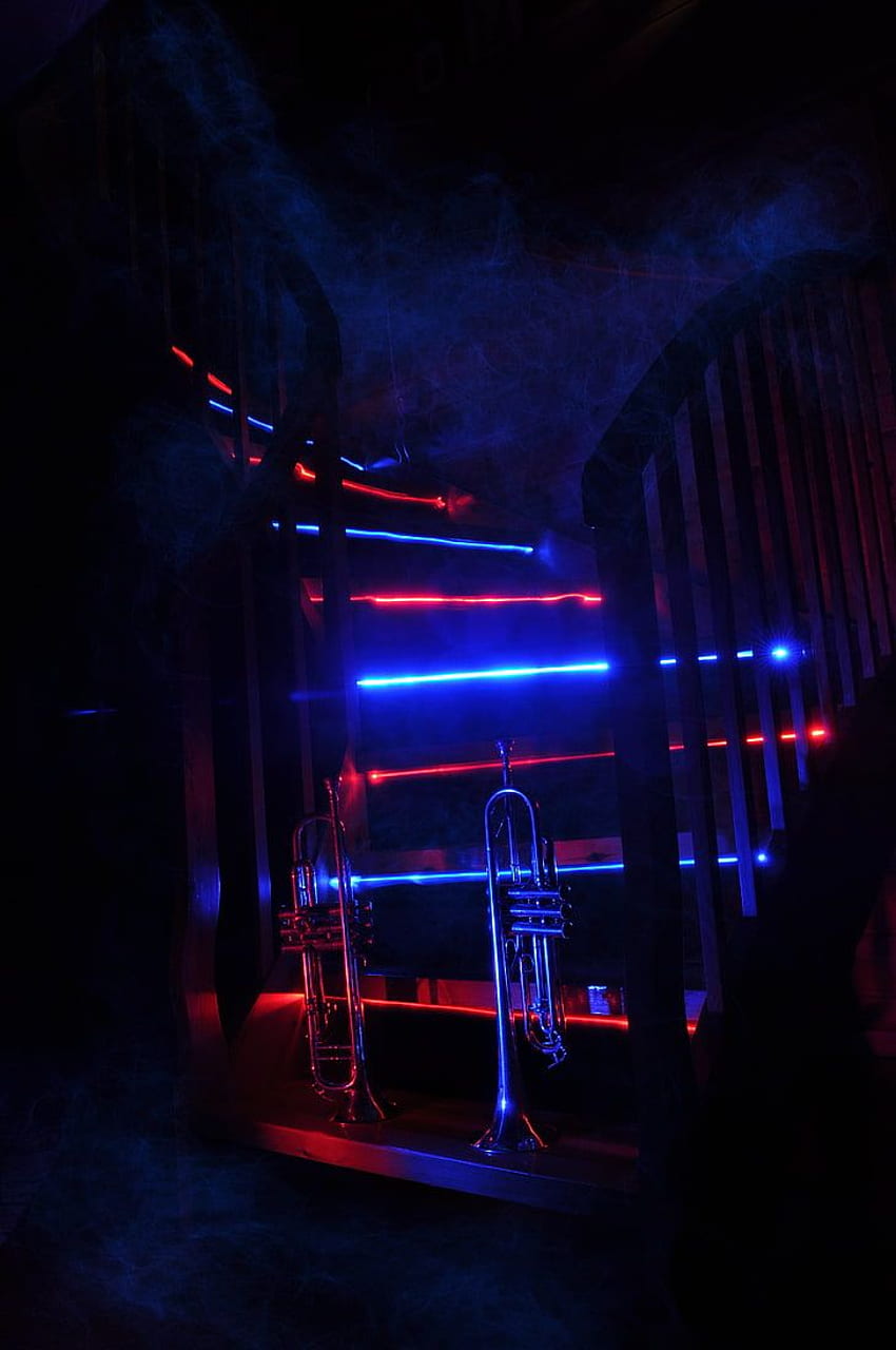 : gray trombone, trumpet, music, stairway, neon, backlight, smoke, Neon Smoke HD phone wallpaper