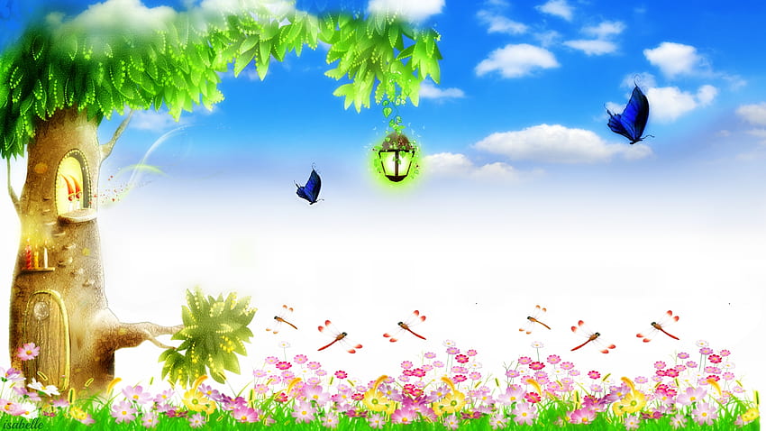 Weit, weit weg, Laterne, Baum, Zwerge, Schmetterlinge, Fantasie, Gras, Blumen, Wolken, Himmel HD-Hintergrundbild