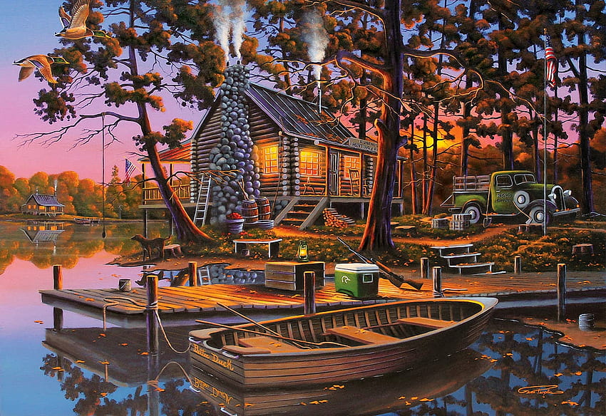 Eugene's Hunting & Fishing, artwork, boat, painting, car, trees, pier, water, cabin HD wallpaper