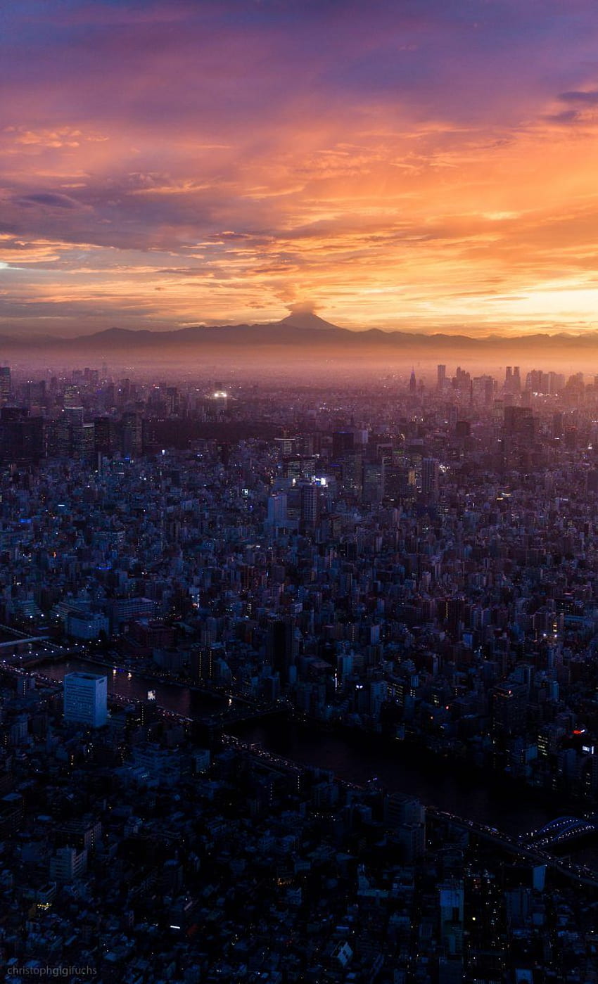 sunset, Mount Fuji, Cityscape, Horizon, Volcano, Clouds HD phone wallpaper