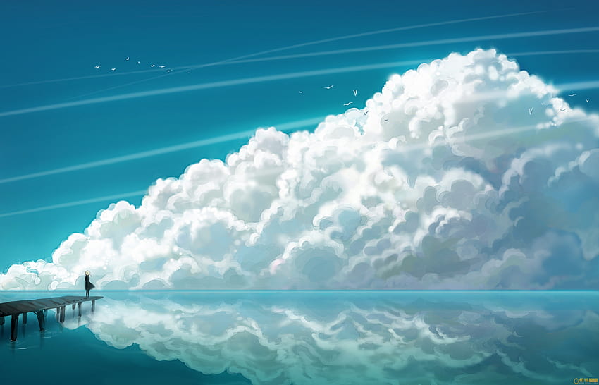 空, アート, 海, 雲, 反射, ブリッジ, 人間, 人 高画質の壁紙