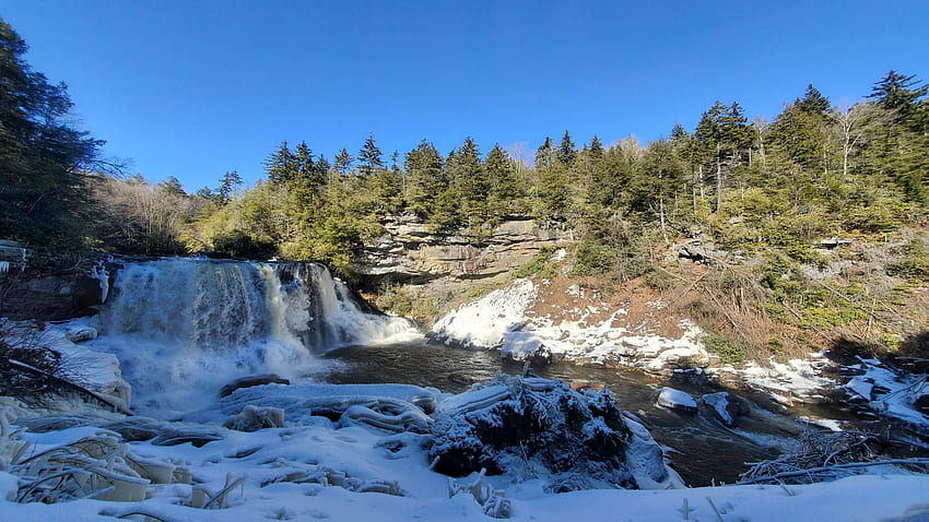 Blackwater falls, West Virginia in late February, rocks, river, trees, landscape, sky, usa HD wallpaper