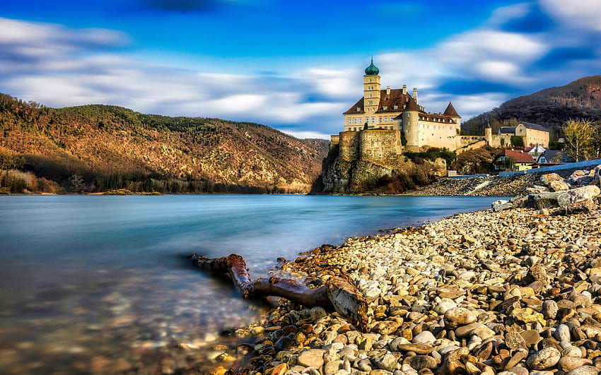 Schonbuhel Castle, morning, castles of Austria, Danube River, ancient castle, Wachau Valley, Schonbuhel-Aggsbach, Austria HD wallpaper