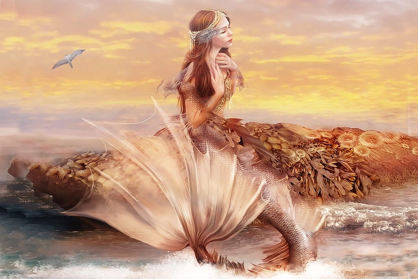 Bela Sereia, mar, mágico, Sonhador, linda, Sereia, rochas, oceano papel de parede HD