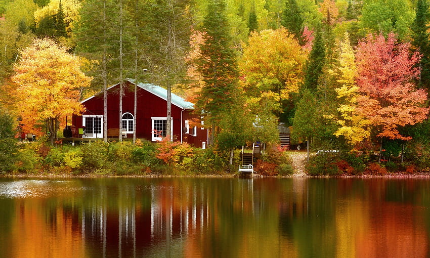 Autumn house, Maison, Queb5, Arbres, Cana, Lac Fond d'écran HD