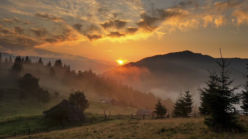 matahari terbit yang luar biasa di lembah, gubuk, lembah, awan, gunung, matahari terbit Wallpaper HD
