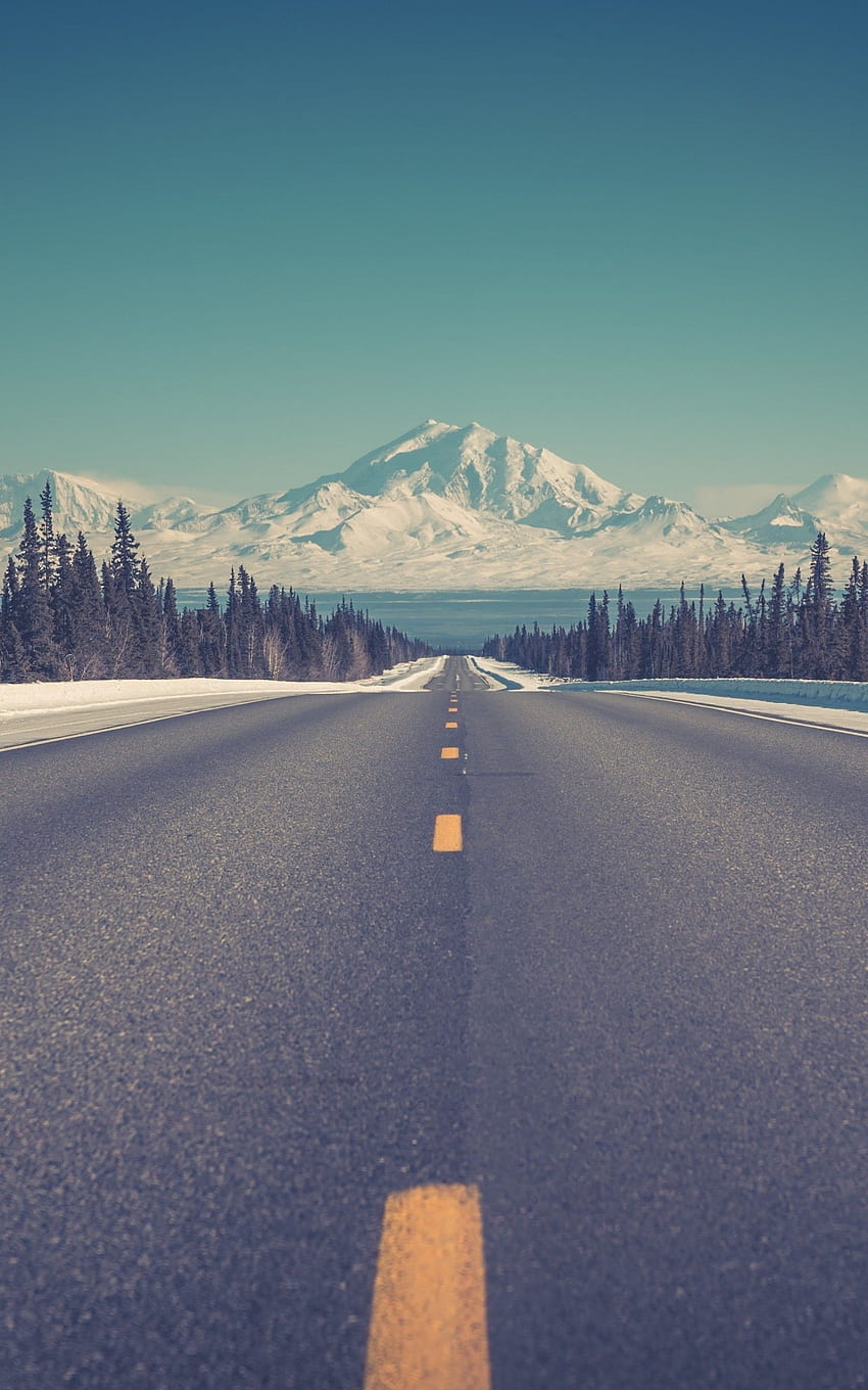 Long Road, Trees, Mountain, Snow, Winter for Google Nexus 10 HD phone wallpaper