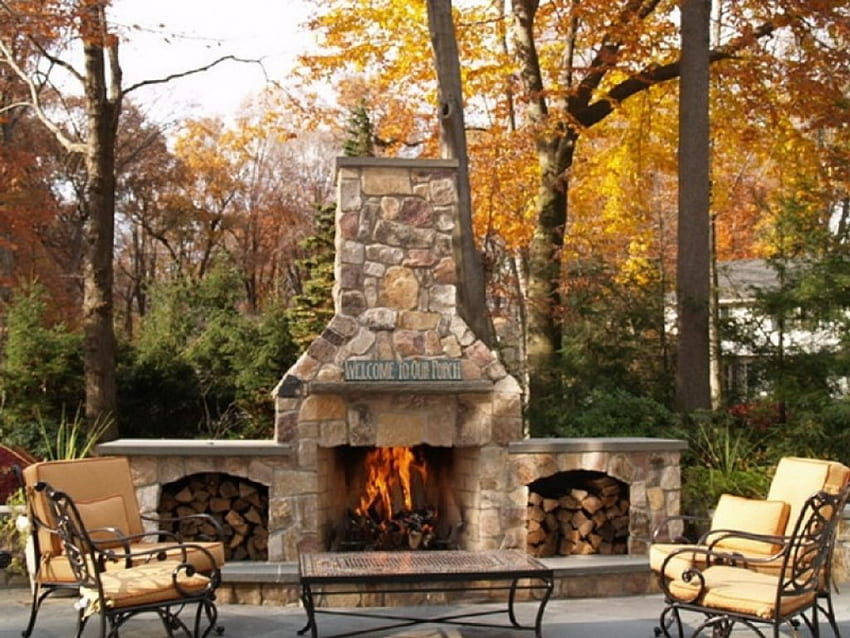outdoor fireplace in autumn, architecture, fall, autumn, fireplace, fire, terrace HD wallpaper