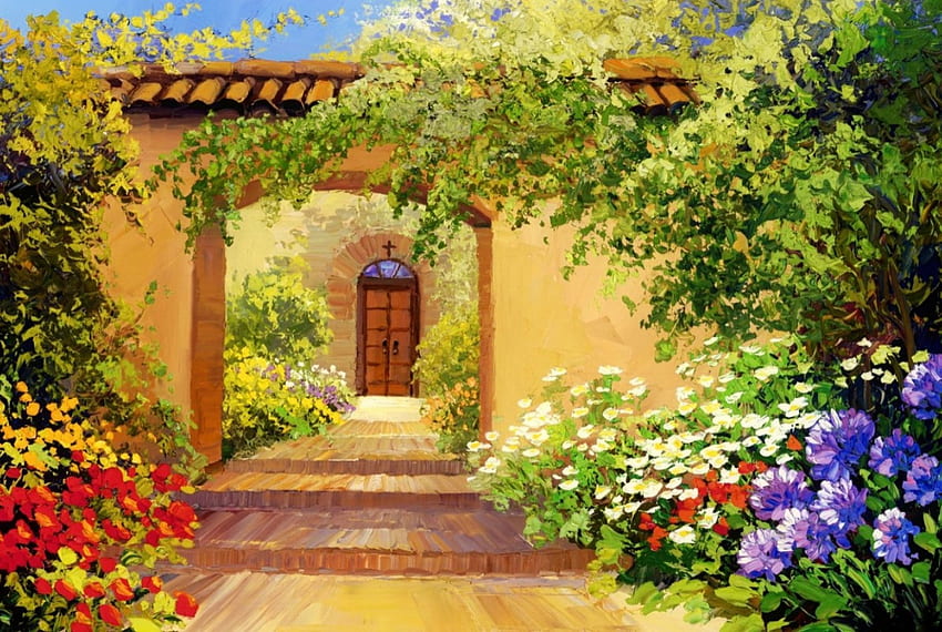 Chapel courtyard, pray, chapel, painting, courtyard, art, arch, beautiful, flowers HD wallpaper