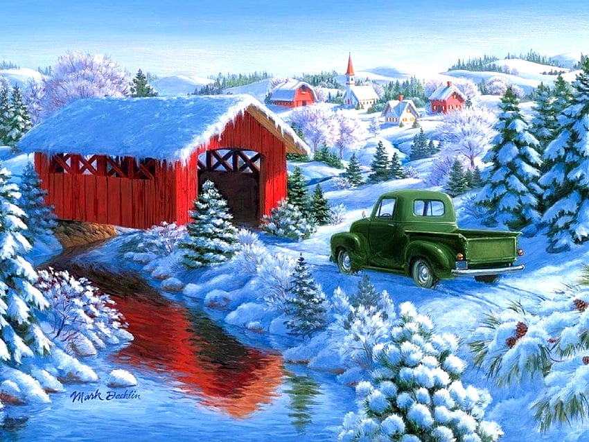 Covered Bridge, musim dingin, pohon putih, liburan, atraksi dalam mimpi, lukisan, cinta empat musim, pikap, Natal, desa, salju, natal dan tahun baru, jembatan Wallpaper HD