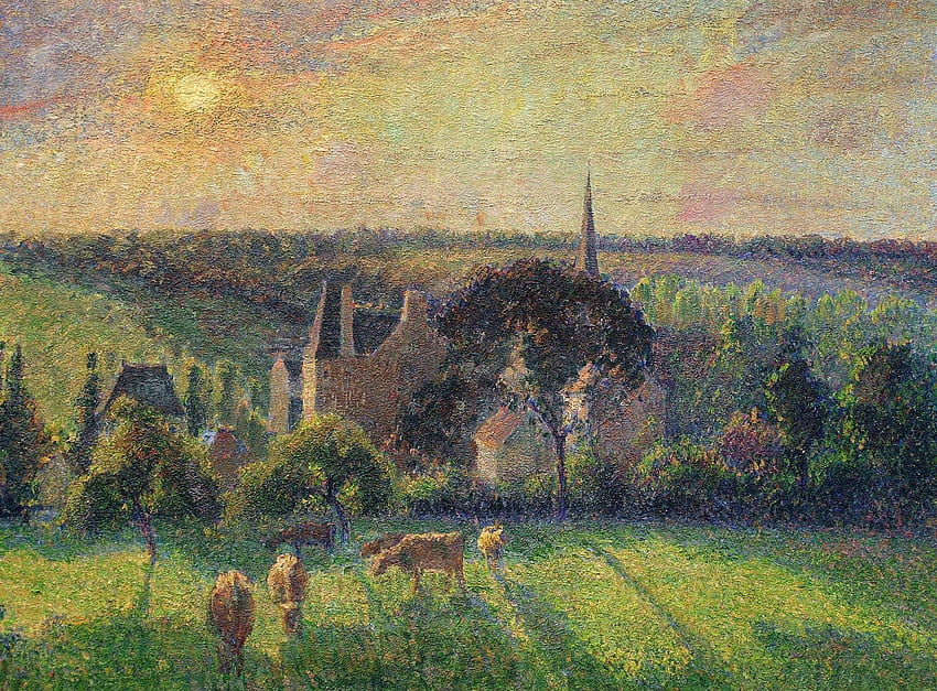 Landscape at Eragny, cow, painting, art, pictura, green, landscape, eragny, camille pissaro HD wallpaper