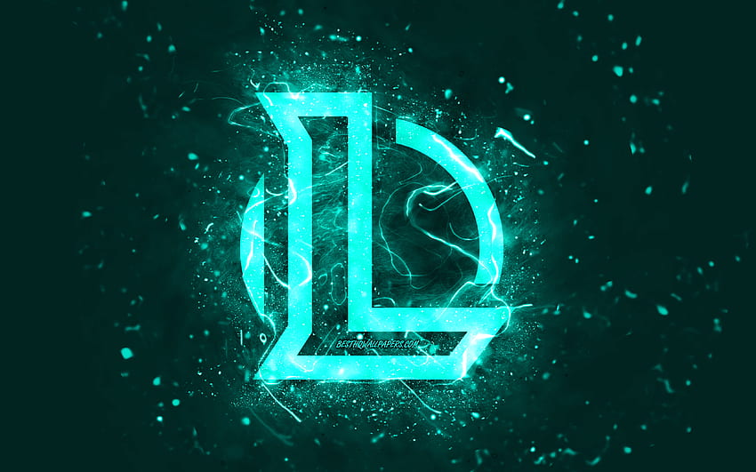 League of Legends turkuaz logosu, LoL, turkuaz neon ışıklar, yaratıcı, turkuaz soyut arka plan, League of Legends logosu, LoL logosu, online oyunlar, League of Legends HD duvar kağıdı