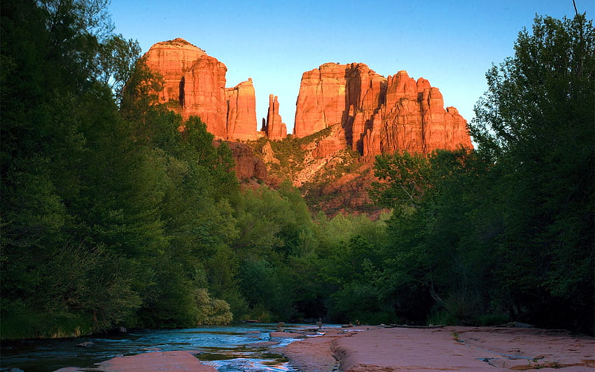 Cathedral Rock Sedona, Arizona Just Before Sunset, river, trees, sky, water, stones, usa HD wallpaper