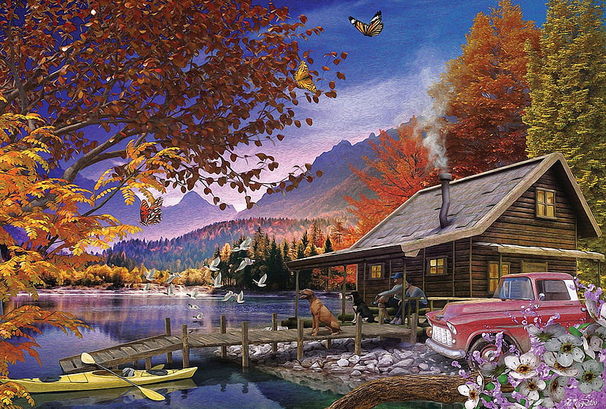 Afternoon Rest, car, dogs, pier, lake, cabin, artwork, digital, trees, mountains HD wallpaper