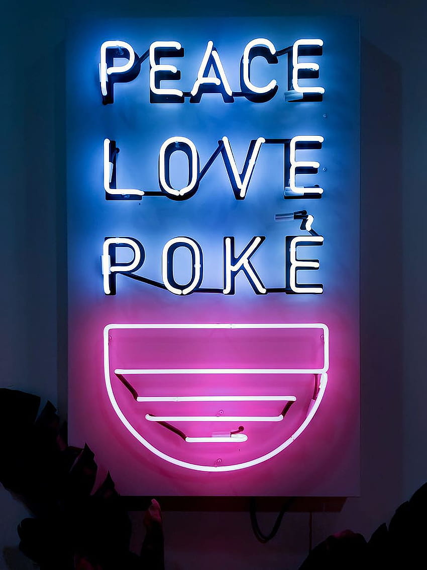 : Neonowy znak Peace Love Poke, jasny, niebieski, różowy Tapeta na telefon HD
