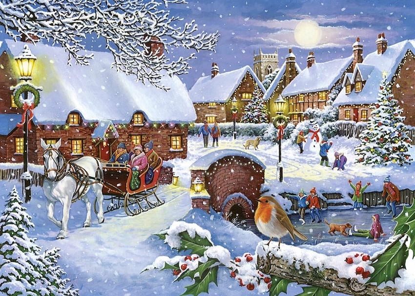 Promenade en traîneau, bonhomme de neige, traîneau, Noël, neige, baies, rouge-gorge, houx, arbre Fond d'écran HD