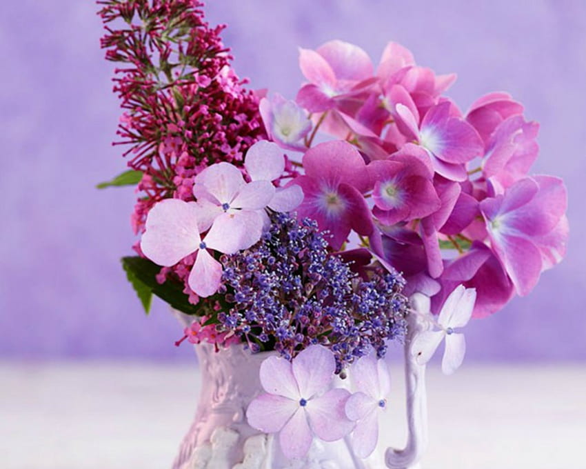 Beautiful Flowers, glass, flowers, hydrangeas, lilac HD wallpaper