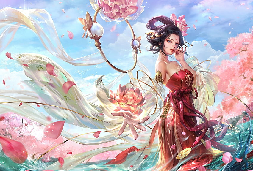 Fantasy girl, Goddess, Lotus, Pink, Red HD wallpaper