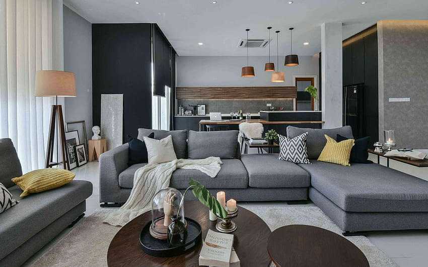 diseño de apartamento moderno y elegante, sala de estar, cocina, paredes grises, interior moderno, interior elegante, sofá gris en la sala de estar, idea de sala de estar fondo de pantalla