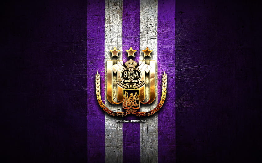 Anderlecht FC, złote logo, Jupiler Pro League, fioletowe metalowe tło, piłka nożna, belgijski klub piłkarski, logo Anderlecht, piłka nożna, RSC Anderlecht Tapeta HD