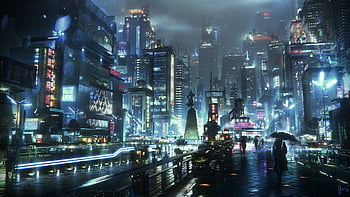 Night City wallpaper from E3 2019 trailer, extended to 3440x1440