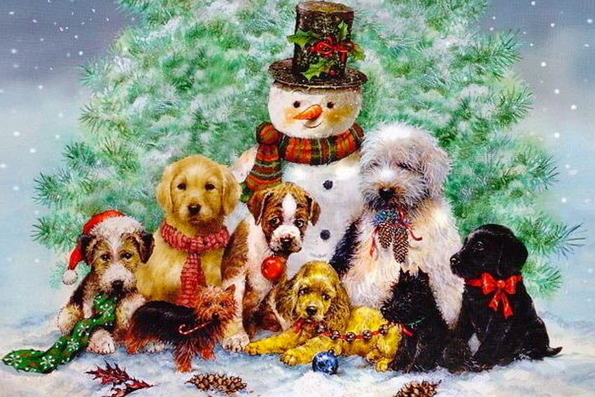Boneco de neve e alguns cachorrinhos, inverno, pintura, neve, boneco de neve, cachorros papel de parede HD