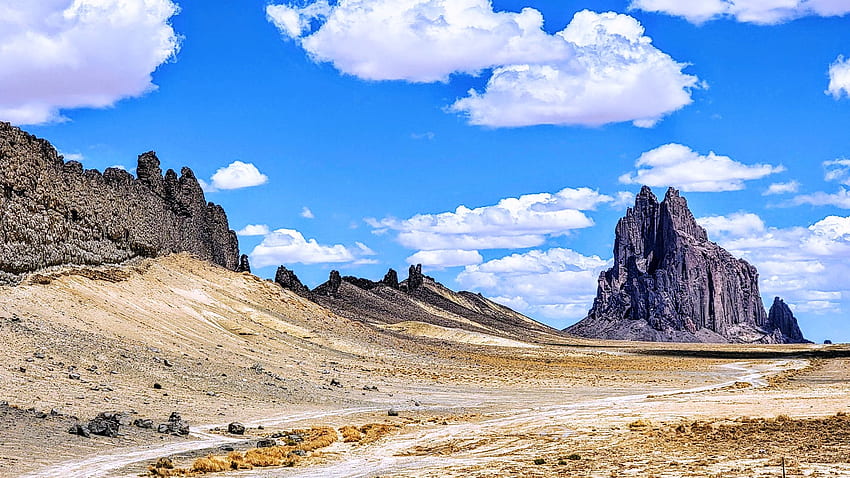 Shiprock with volcanic dike, Navajo Nation, San Juan County, New Mexico, landscape, sky, rocks, usa, clouds HD wallpaper