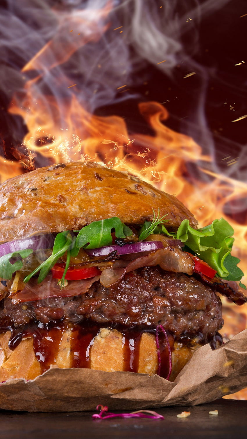 burger, steak, fire, fast food, pepper, , Food, Junk Food HD phone wallpaper