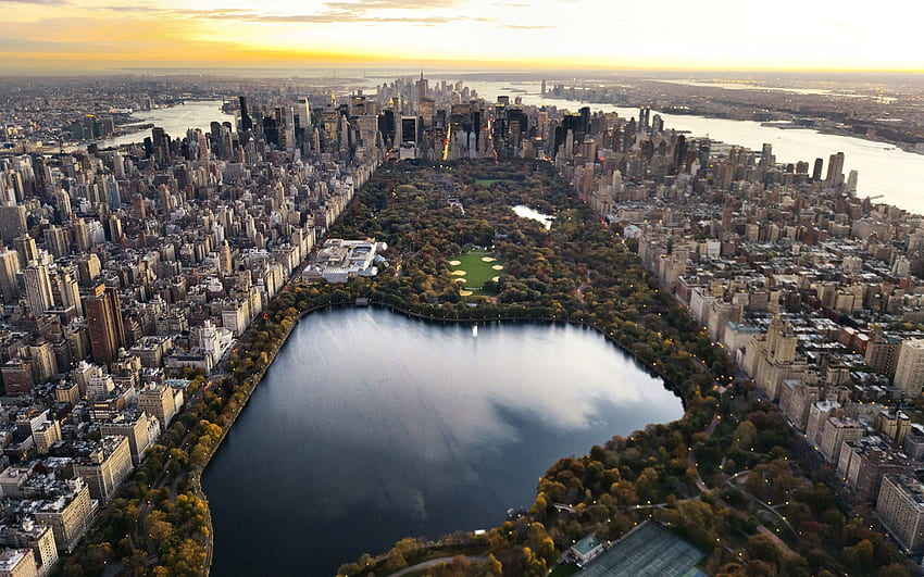 Central Park Panorama, architektura, grafika, USA, piękny, gród, Manhattan, park, Central Park, sceneria, szeroki ekran, Nowy Jork, Nowy Jork, drapacze chmur Tapeta HD