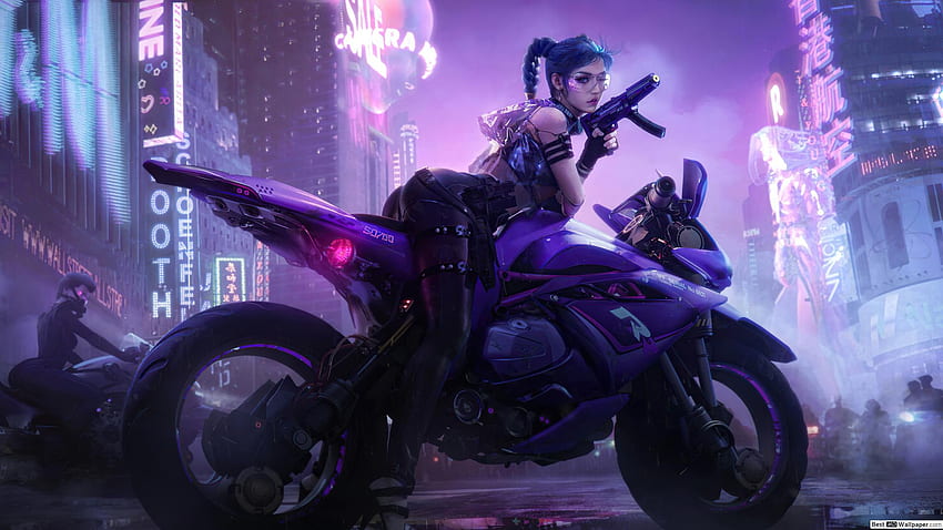 cyborg, cyberpunk, ragazza, motociclista Sfondo HD