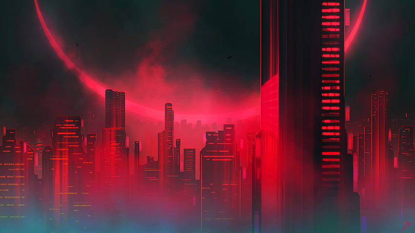Ciudad de ciencia ficción, horizonte rojo fondo de pantalla