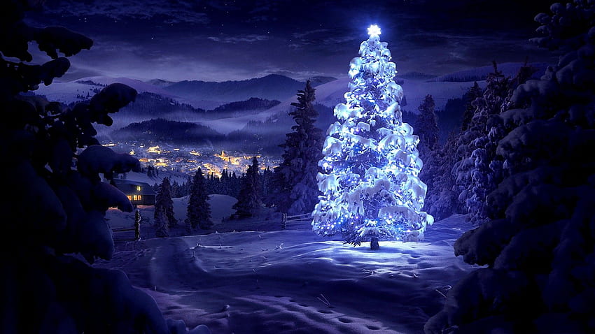 Merry Christmas Tree Hills Heaven Light Pacific Amazing Forest Noel, Snow City Night fondo de pantalla