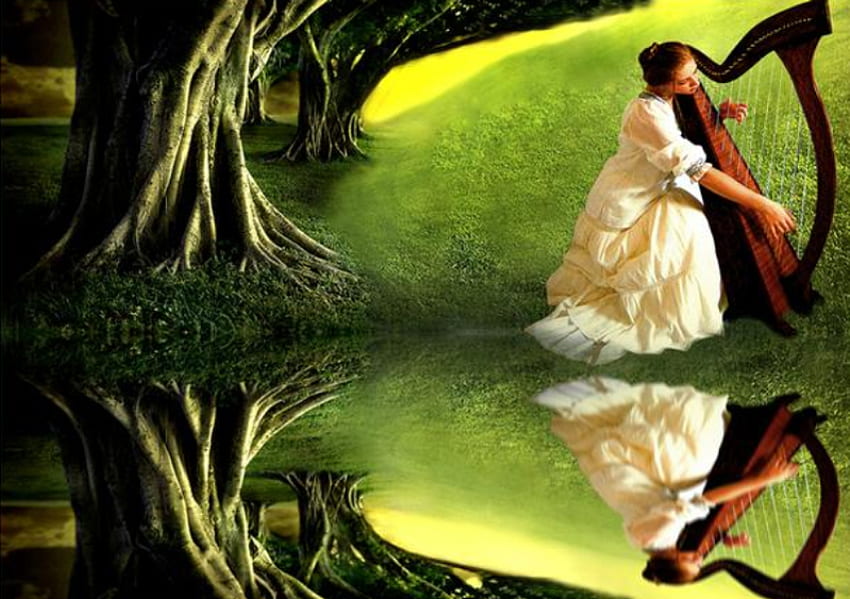 Piosenka z natury, piosenka, trawa, sukienka, harfa, drzewo, jezioro, kobieta, fantazja, natura Tapeta HD