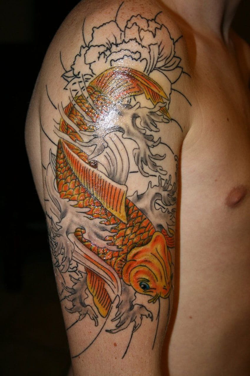 Black Ink Koi Fish With Lotus Flowers Tattoo On Right Half Sleeve