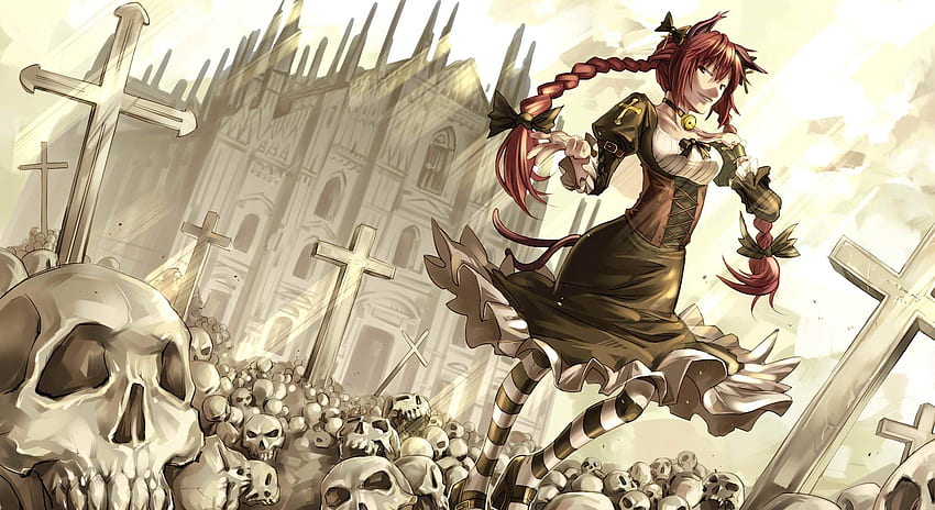 alice, In, Wonderland, Anime, Girl, Dark, Skulls, Cross, Cathedral, Buildings / dan Mobile Background Wallpaper HD