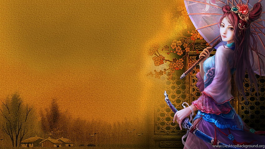 Mädchen-Regenschirm-Kimono-Japan-ursprüngliche Frauen-Kunst. Hintergrund, japanische Mädchenkunst HD-Hintergrundbild