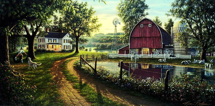 The Road Home, dog, river, path, artwork, House, cows, painting, boy, fence, trees, flowers, Barn, pond HD wallpaper