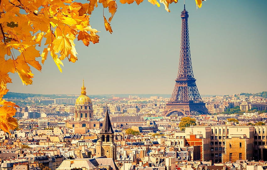 autumn, leaves, the city, background, France, Paris, view, building, home, yellow, roof, panorama, Eiffel tower, Paris, France, dome for , section город, Fall Panoramic HD wallpaper