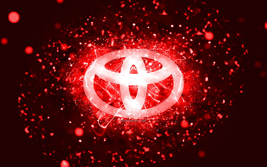 Toyota red logo, , red neon lights, creative, red abstract background, Toyota logo, cars brands, Toyota HD wallpaper
