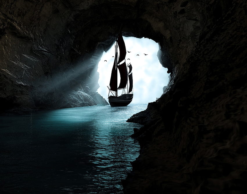 Вода, изкуство, тъмнина, лодка, пещера HD тапет