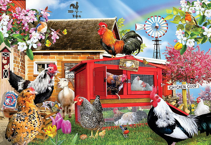 Gallinero, pájaros, aves de corral, gallinas, arte, casa, digital, establo, flores, gallo fondo de pantalla