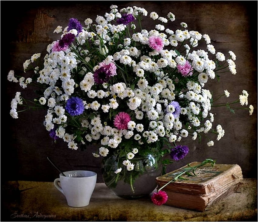 natura morta, tazza da tè, tè, libri antichi, bellissimo, vaso di fiori Sfondo HD