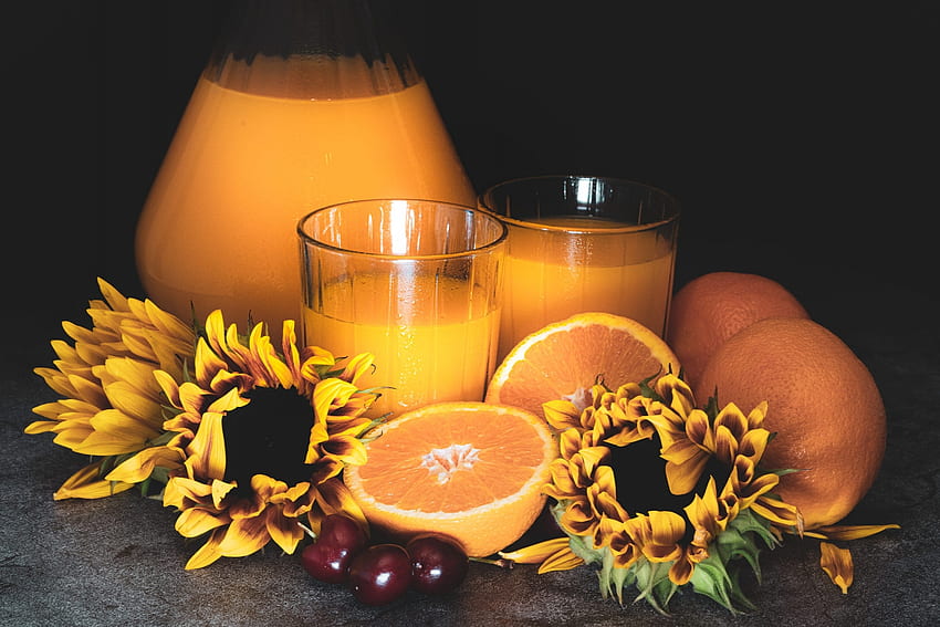 Orange juice, Jug, Sunflowers, Glasses, Berries HD wallpaper