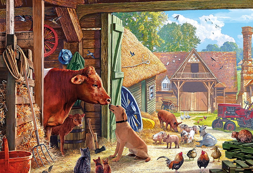 Bestie, pies, krowa, kurczaki, farma, puzzle Tapeta HD