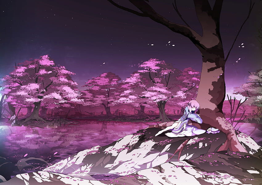 Saigyou Ayakashi, gadis, saigyouji yuyuko, sedang tidur, pohon, merah muda, pemandangan, sakura, touhou, bunga sakura, topi Wallpaper HD