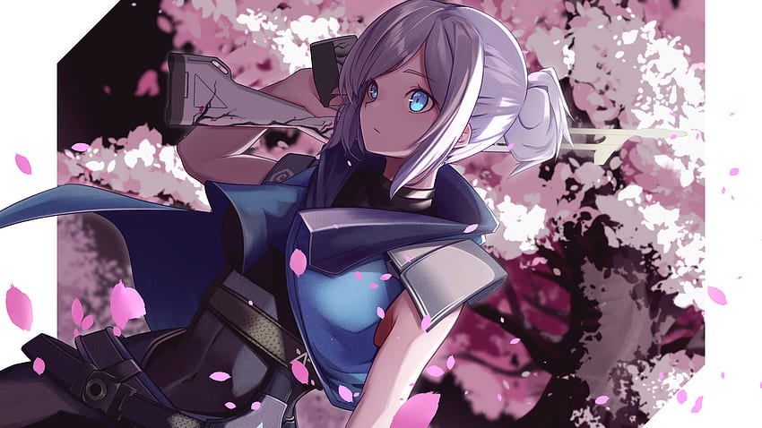 Blue Eyes Jett Pink Sakura Flowers Background Valorant Wallpaper HD